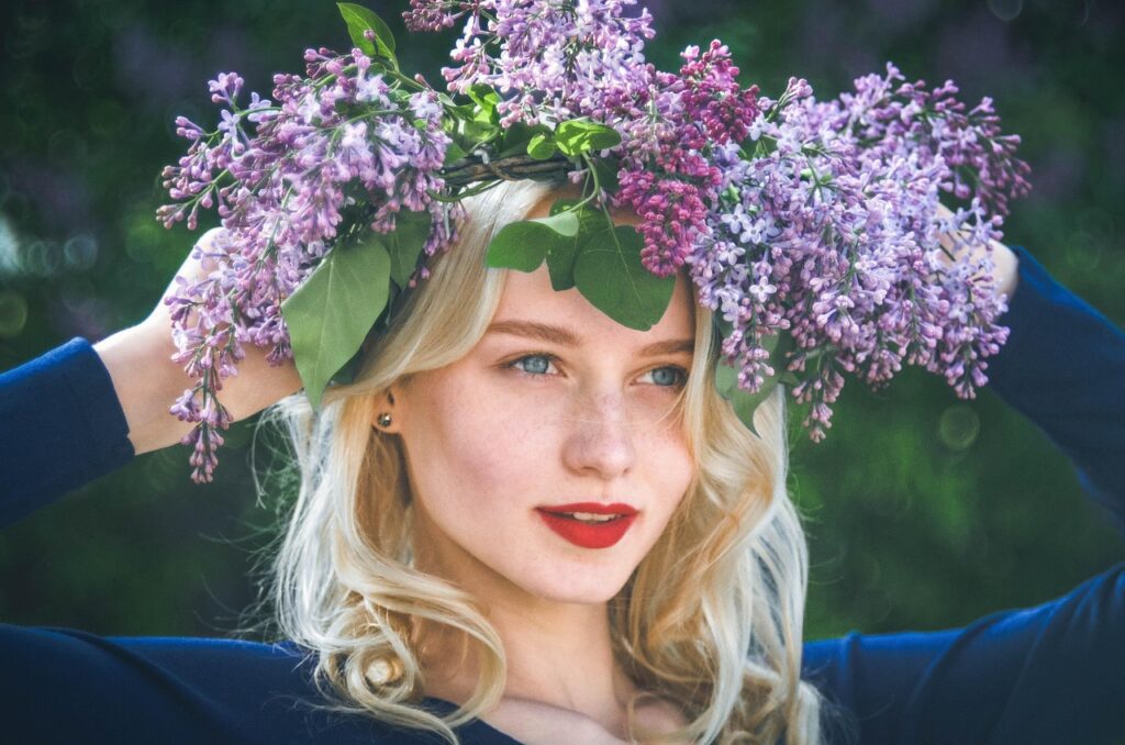 girl, flower crown, face, head, flower background, makeup, cosmetics, floral crown, beautiful flowers, spring, lilac, nature, flowers, portrait, flower wallpaper, wreath, garland